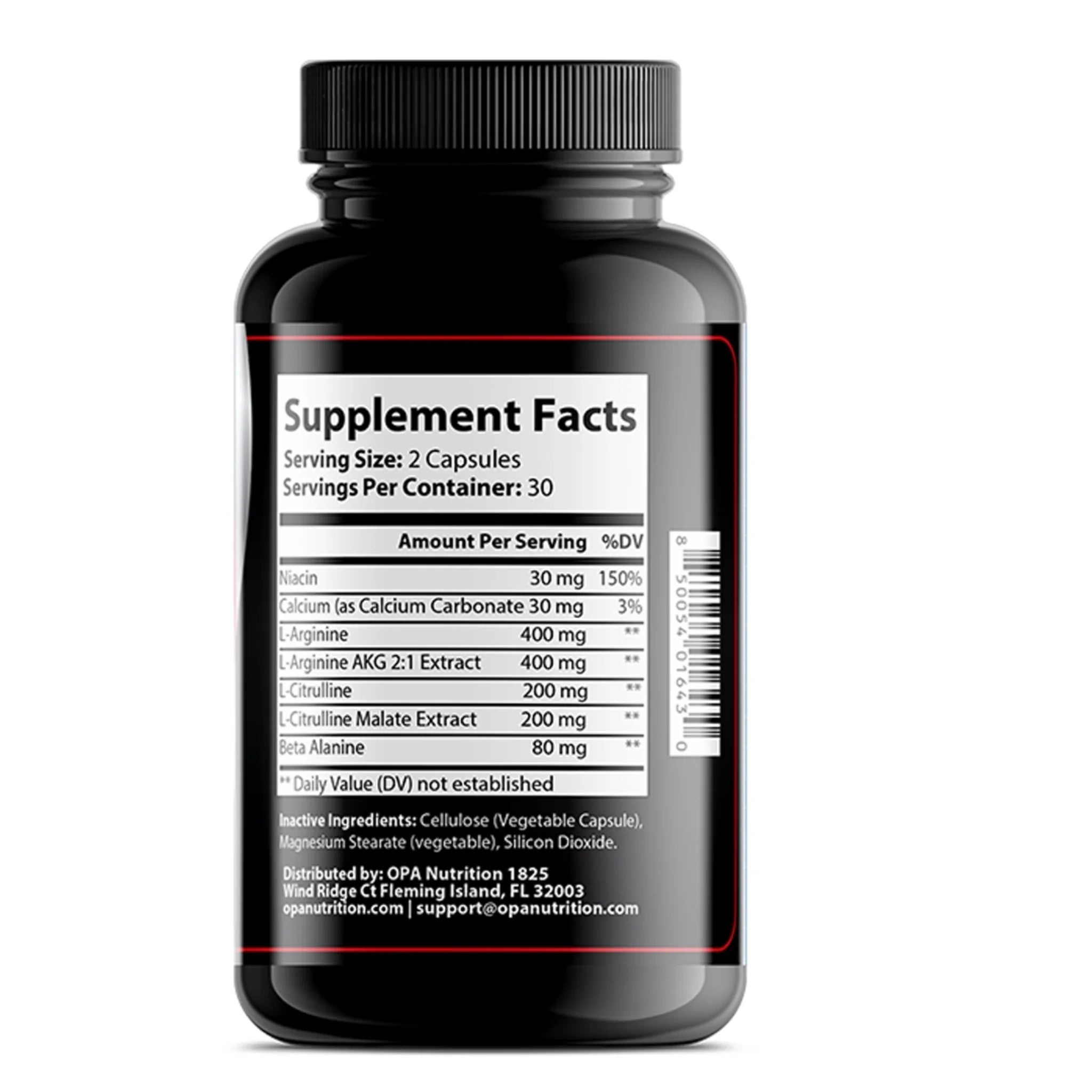 Supplement Facts label on OPA Nutrition L-Arginine Rhino Series performance support supplement bottle