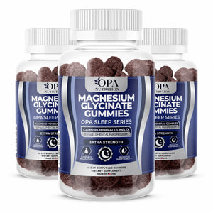 Three-pack of OPA Nutrition Magnesium Glycinate Gummies bottles from the OPA Sleep Series with extra strength calming mineral complex and sleep support on a white background