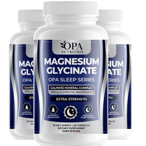 Three-pack of OPA Nutrition Magnesium Glycinate Sleep Series supplement bottles for relaxation and sleep quality support