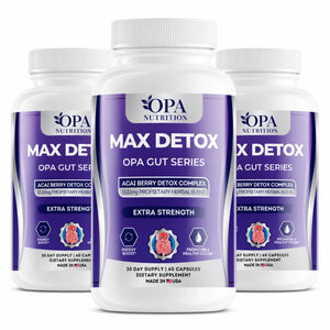 Three-pack of OPA Nutrition Max Detox OPA Gut Series supplement bottles with Acai Berry Detox Complex on a white background