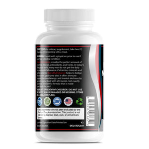 OPA Nutrition Men’s Daily Multivitamin suggested use and warning label with directions, storage instructions, safety disclaimer, and barcode