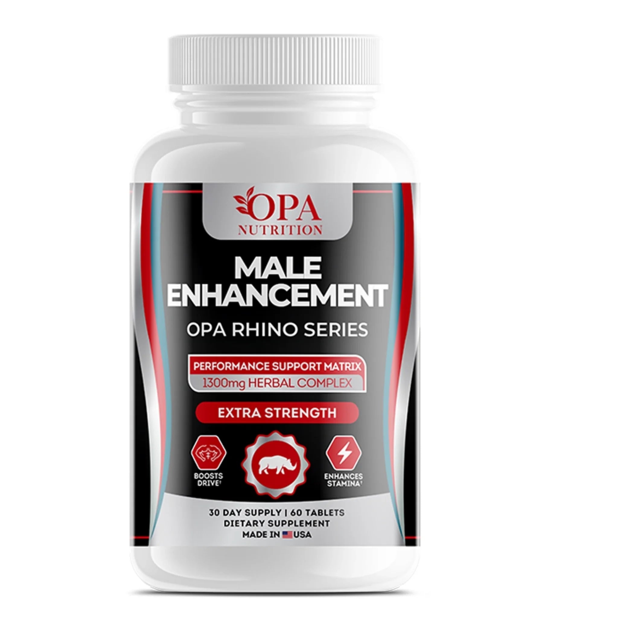 OPA Nutrition Men’s Performance Support Rhino Series supplement bottle with 1300mg herbal complex for daily vitality, stamina and active-lifestyle support