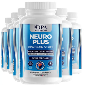 Six-pack of OPA Nutrition Neuro Plus Brain Series supplement bottles for cognitive clarity, mental focus, alertness and clarity