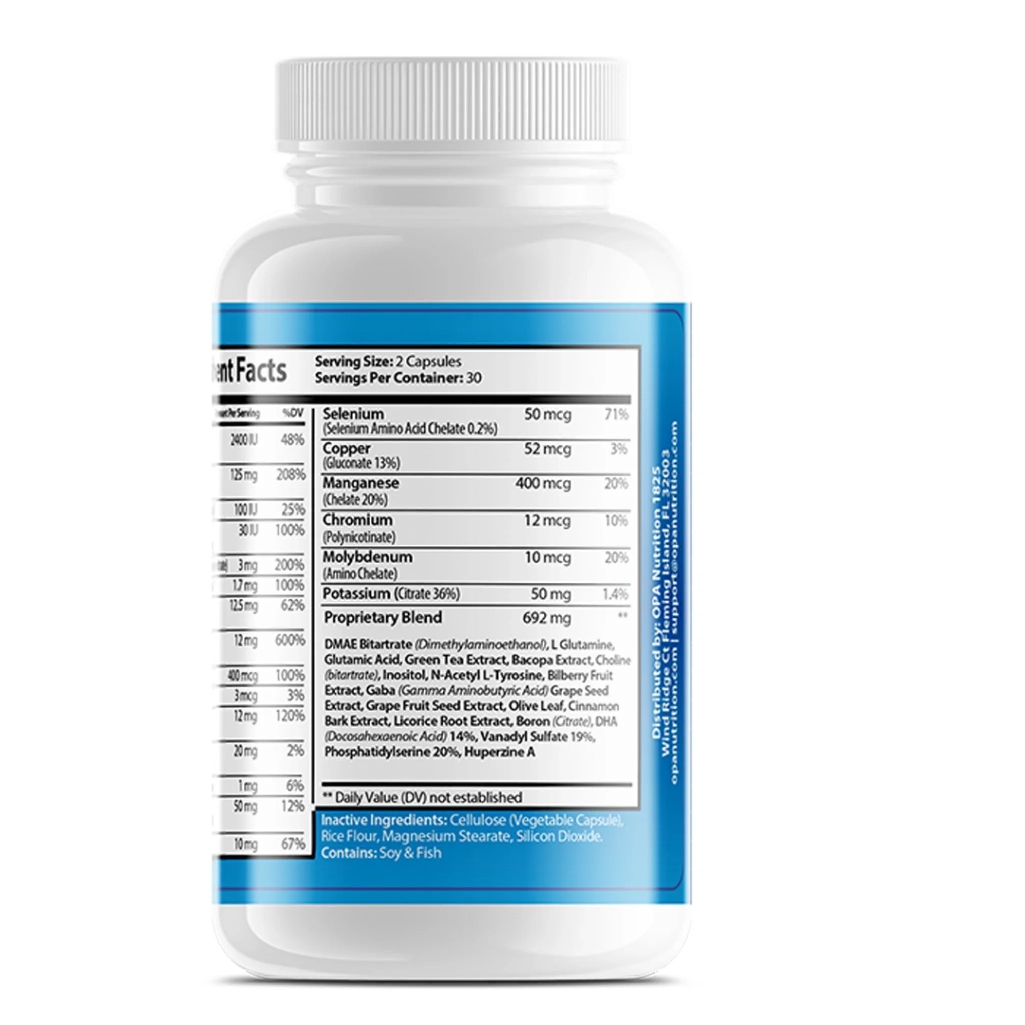Supplement Facts label on OPA Nutrition Neuro Plus showing brain support complex, vitamins, minerals and proprietary blend