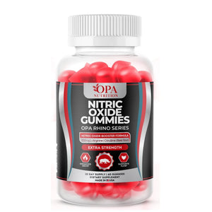OPA Nutrition Nitric Oxide Gummies front bottle from the OPA Rhino Series featuring a nitric oxide booster formula with 200mg L-arginine, citrulline, and beet root, extra strength, 30 day supply, 60 gummies
