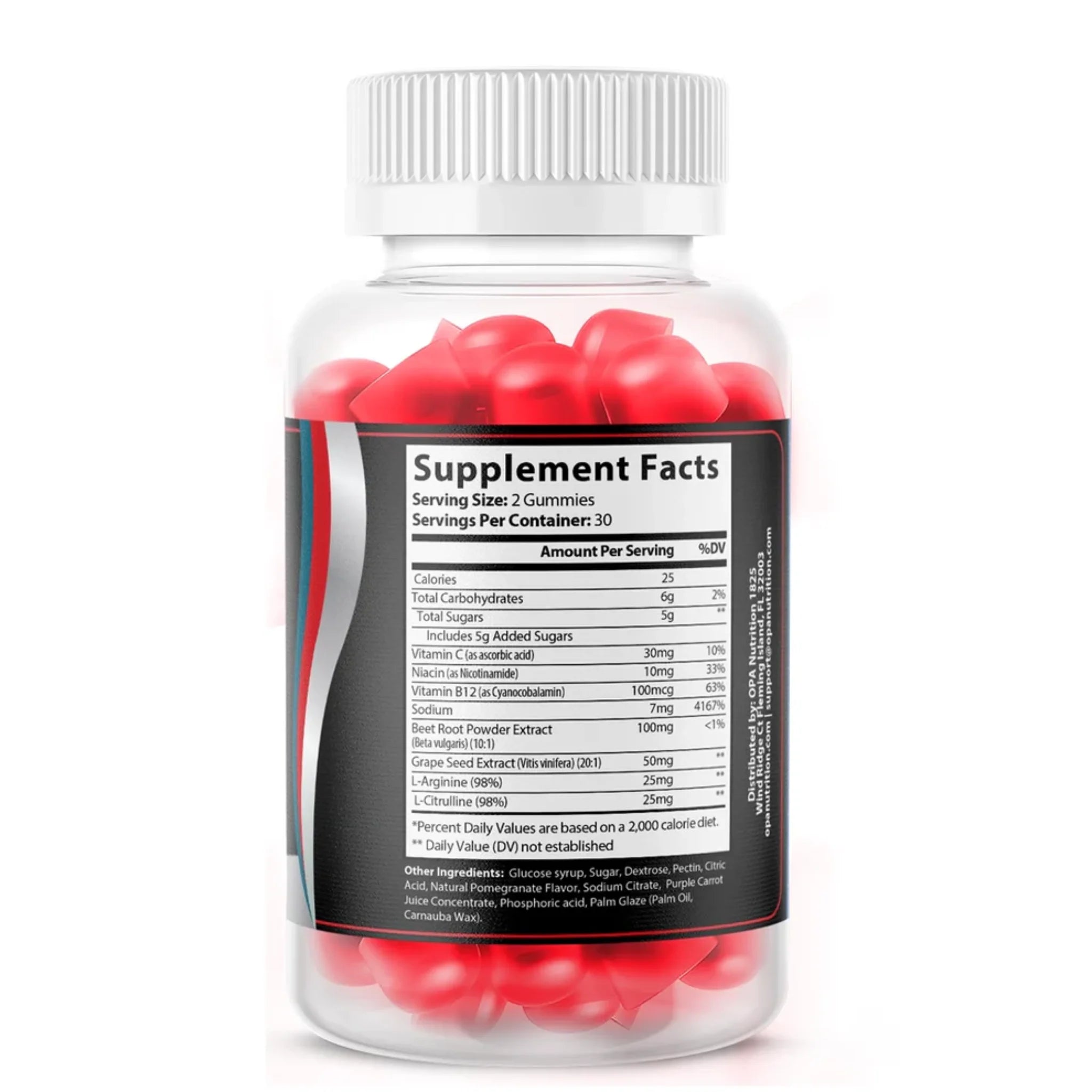 Supplement Facts label for OPA Nutrition Nitric Oxide Gummies showing serving size of 2 gummies, 30 servings per container, and key ingredients including vitamin C, niacin, vitamin B12, beet root powder extract, grape seed extract, L-arginine, and L-citrulline