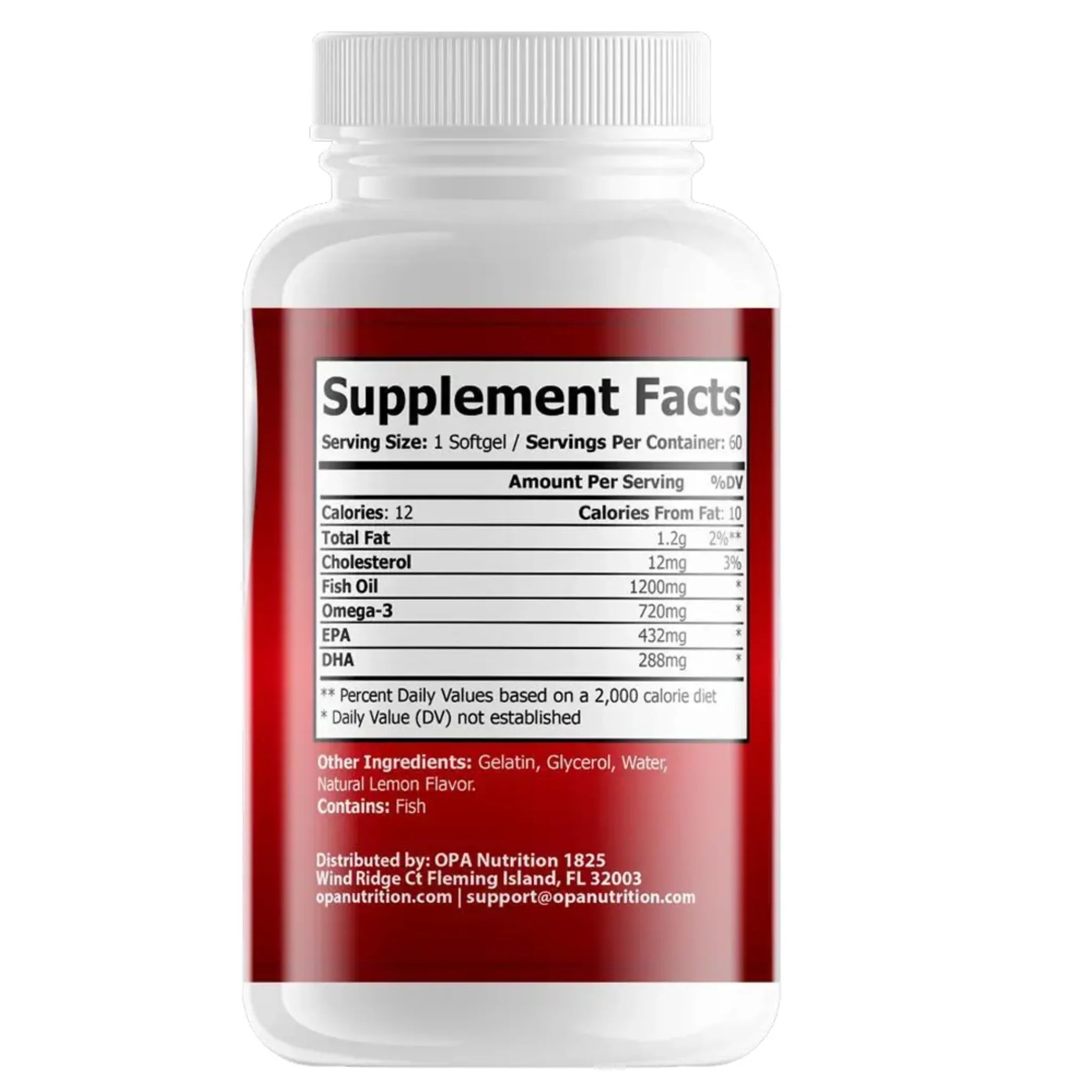 Supplement Facts label on OPA Nutrition Omega 3 Fish Oil showing fish oil, omega-3, EPA and DHA amounts per softgel