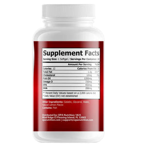 Supplement Facts label on OPA Nutrition Omega 3 Fish Oil showing fish oil, omega-3, EPA and DHA amounts per softgel