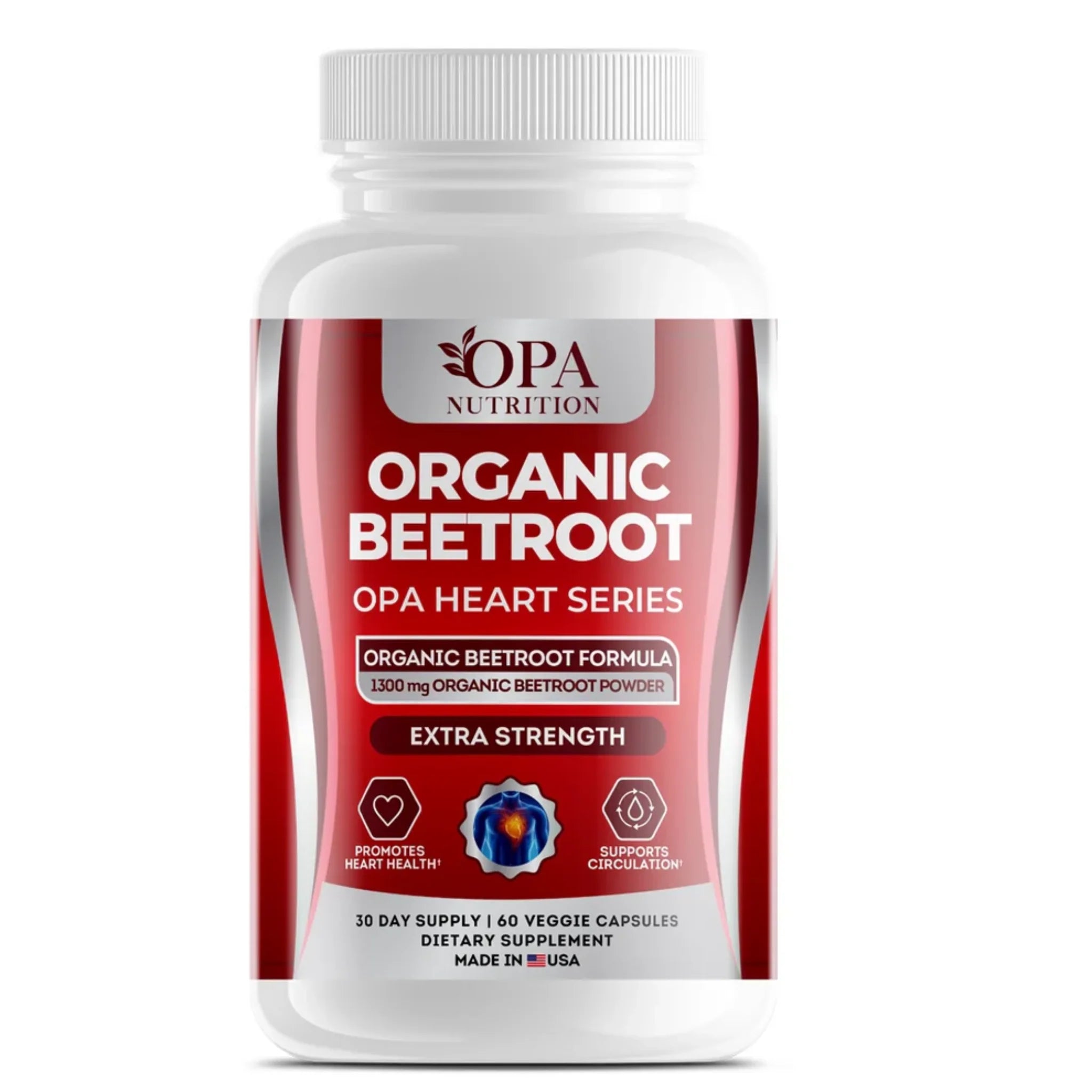OPA Nutrition Organic Beetroot OPA Heart Series front bottle featuring Organic Beetroot Formula with 1300 mg organic beetroot powder, extra strength, 30 day supply, 60 veggie capsules