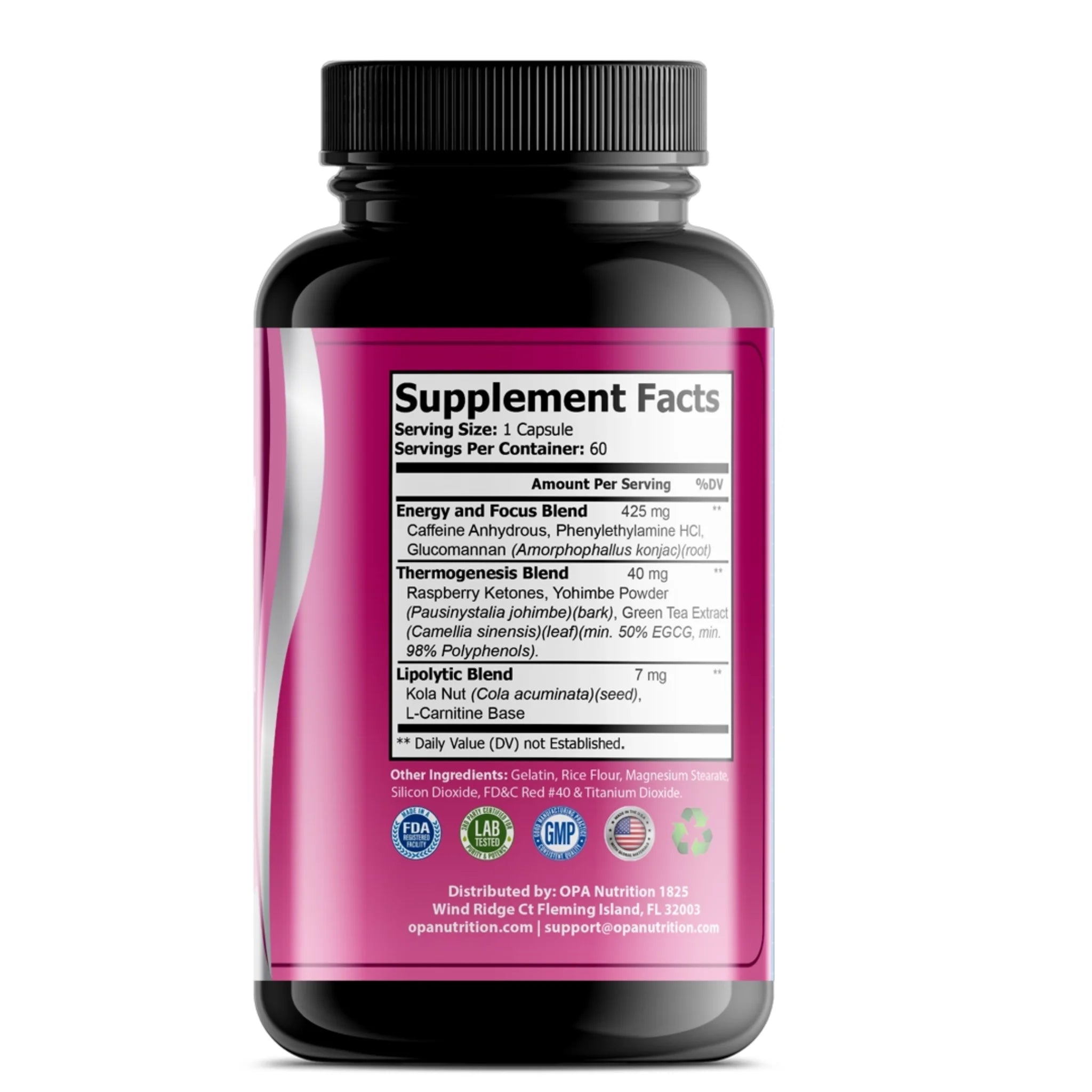 Supplement Facts label on OPA Nutrition Oxy-Burn Diet Series thermogenic support supplement bottle