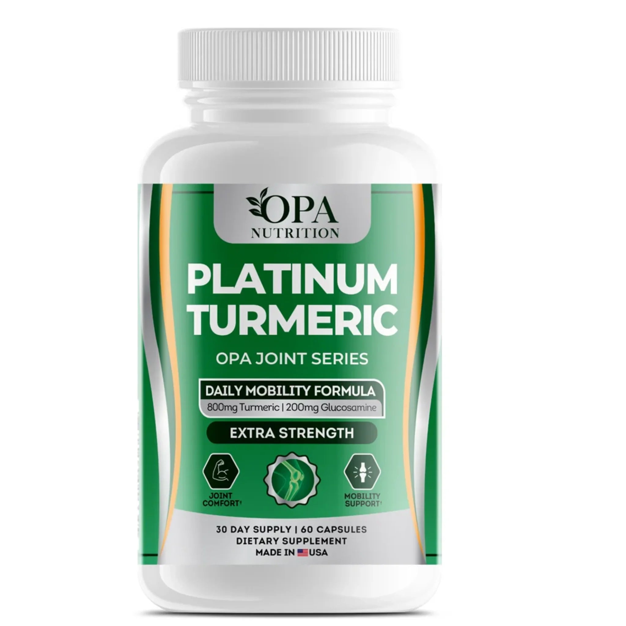 OPA Nutrition Platinum Turmeric OPA Joint Series supplement bottle featuring daily mobility formula with 800mg turmeric and 200mg glucosamine, extra strength, 30 day supply, 60 capsules