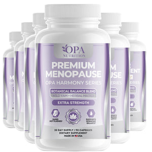 Six-pack of OPA Nutrition Premium Menopause Harmony Series supplement bottles for women’s wellness and hormone balance support