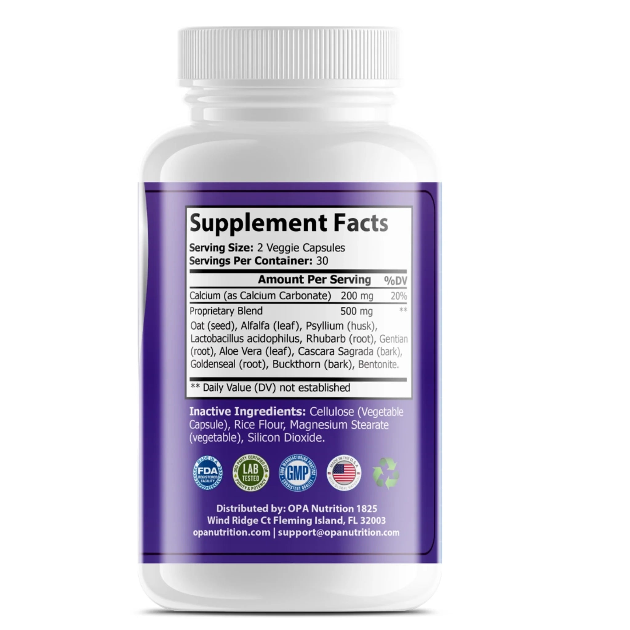 Supplement Facts label on OPA Nutrition Probiotic-40 40 Billion showing 40 billion CFU probiotic blend and gut support information