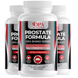 Three-pack of OPA Nutrition Prostate Formula Rhino Series bottles for daily urinary flow and prostate health support