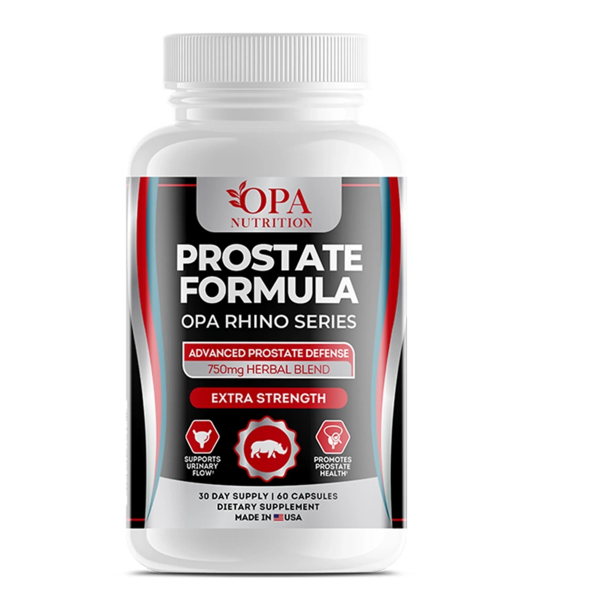 OPA Nutrition Prostate Formula Rhino Series supplement bottle with 750mg herbal blend for urinary flow and prostate health support