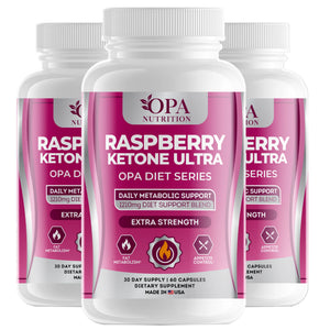 Three-pack of OPA Nutrition Raspberry Ketone Ultra Diet Series bottles for daily metabolic support and appetite control