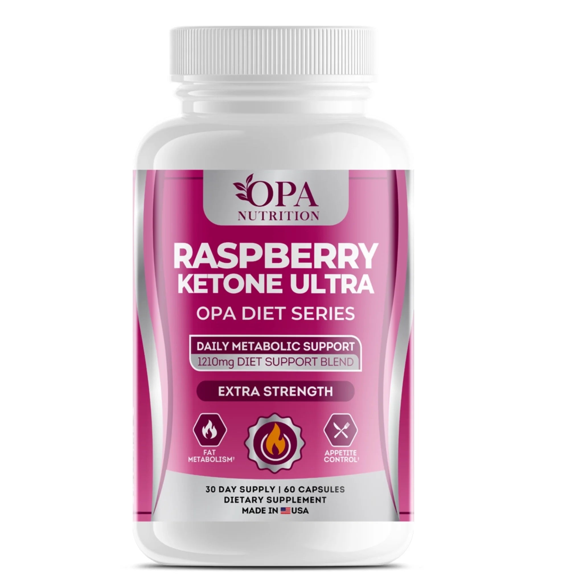 OPA Nutrition Raspberry Ketone Ultra Diet Series bottle with 1210mg diet support blend for fat metabolism and appetite control