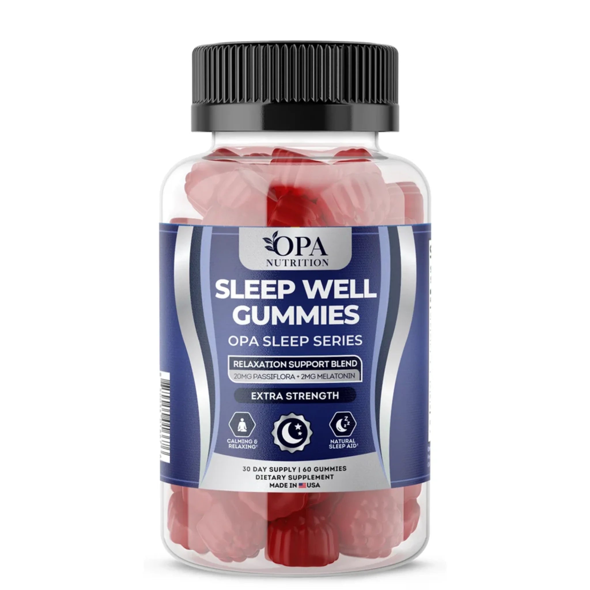 OPA Nutrition Sleep Well Gummies front bottle from the OPA Sleep Series featuring a relaxation support blend with 20 mg passiflora and 2 mg melatonin, extra strength, 30 day supply, 60 gummies
