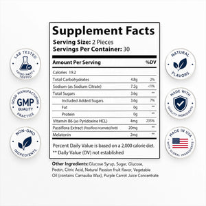 Side bottle view of OPA Nutrition Sleep Well Gummies showing the Supplement Facts panel with serving details, vitamin B6, passiflora extract, melatonin, and ingredient information