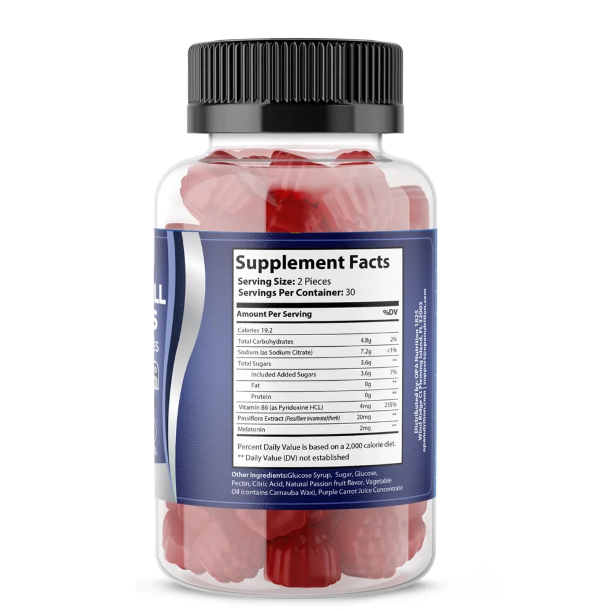 Supplement Facts for OPA Nutrition Sleep Well Gummies showing serving size of 2 pieces, 30 servings per container, vitamin B6, passiflora extract, melatonin, and other ingredients