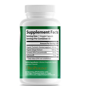 Supplement Facts label on OPA Nutrition Turmeric with Ginger and BioPerine supplement bottle showing turmeric ginger and BioPerine ingredients