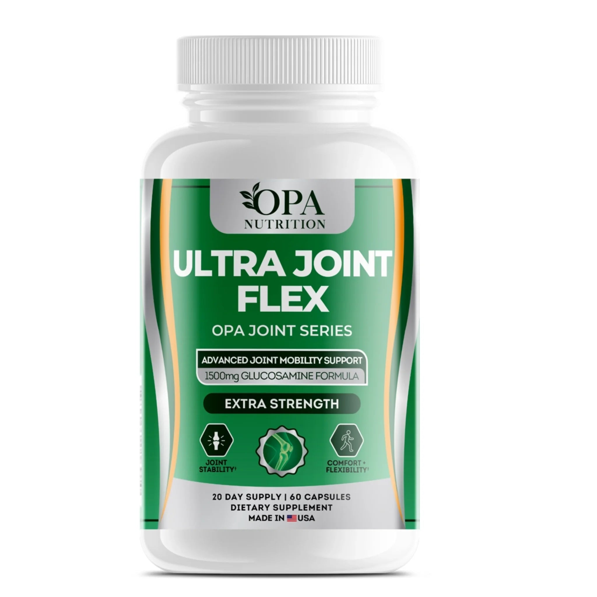 OPA Nutrition Ultra Joint Flex Joint Series supplement bottle with 1500mg glucosamine formula for joint mobility, stability, comfort and flexibility support