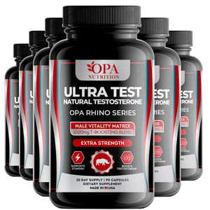Six-pack of OPA Nutrition Ultra Test Rhino Series supplement bottles for men’s vitality stamina and active-lifestyle support