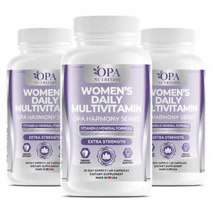 Three-pack of OPA Nutrition Women’s Daily Multivitamin bottles from the OPA Harmony Series featuring extra strength vitamin and mineral support for immune and female wellness