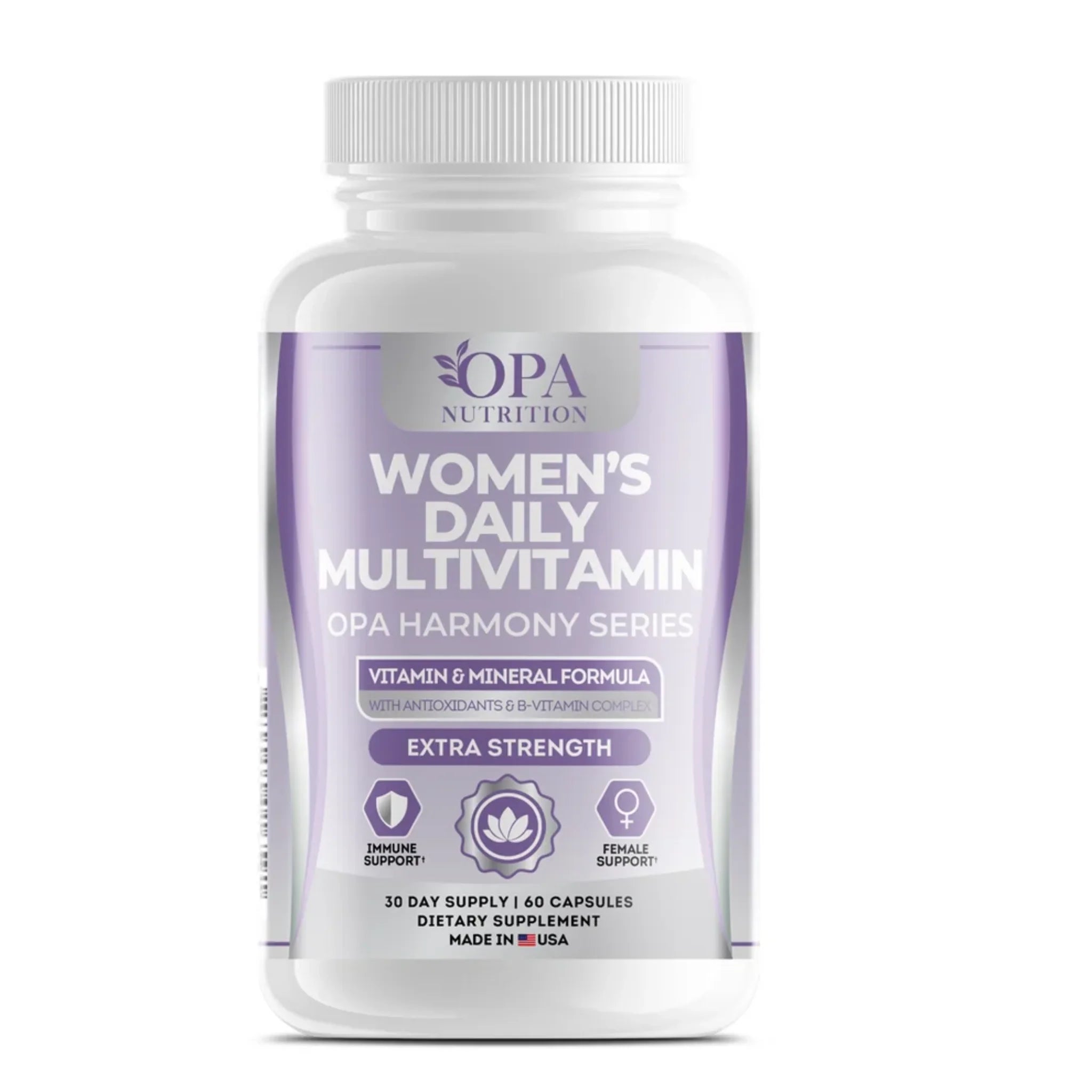 OPA Nutrition Women’s Daily Multivitamin front bottle from the OPA Harmony Series featuring a vitamin and mineral formula with antioxidants and B-vitamin complex, extra strength, 30 day supply, 60 capsules