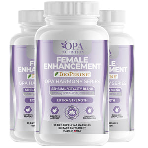 Three-pack of OPA Nutrition Women’s Vitality Support Harmony Series supplement bottles for women’s daily vitality and wellness support