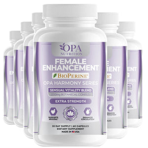 Six-pack of OPA Nutrition Women’s Vitality Support Harmony Series supplement bottles for women’s daily vitality and wellness support