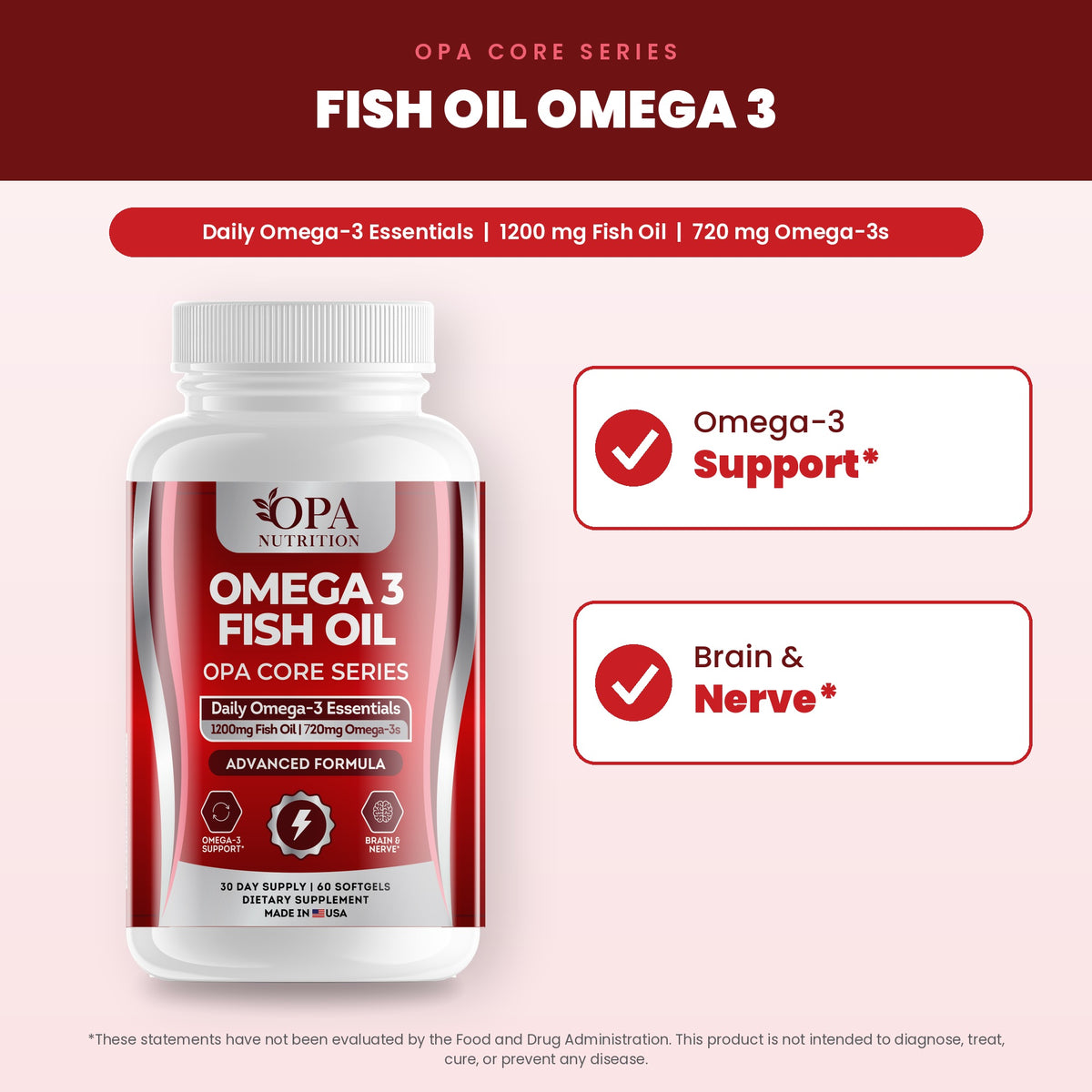 OPA Nutrition Omega 3 Fish Oil benefits graphic: omega-3 support and brain & nerve