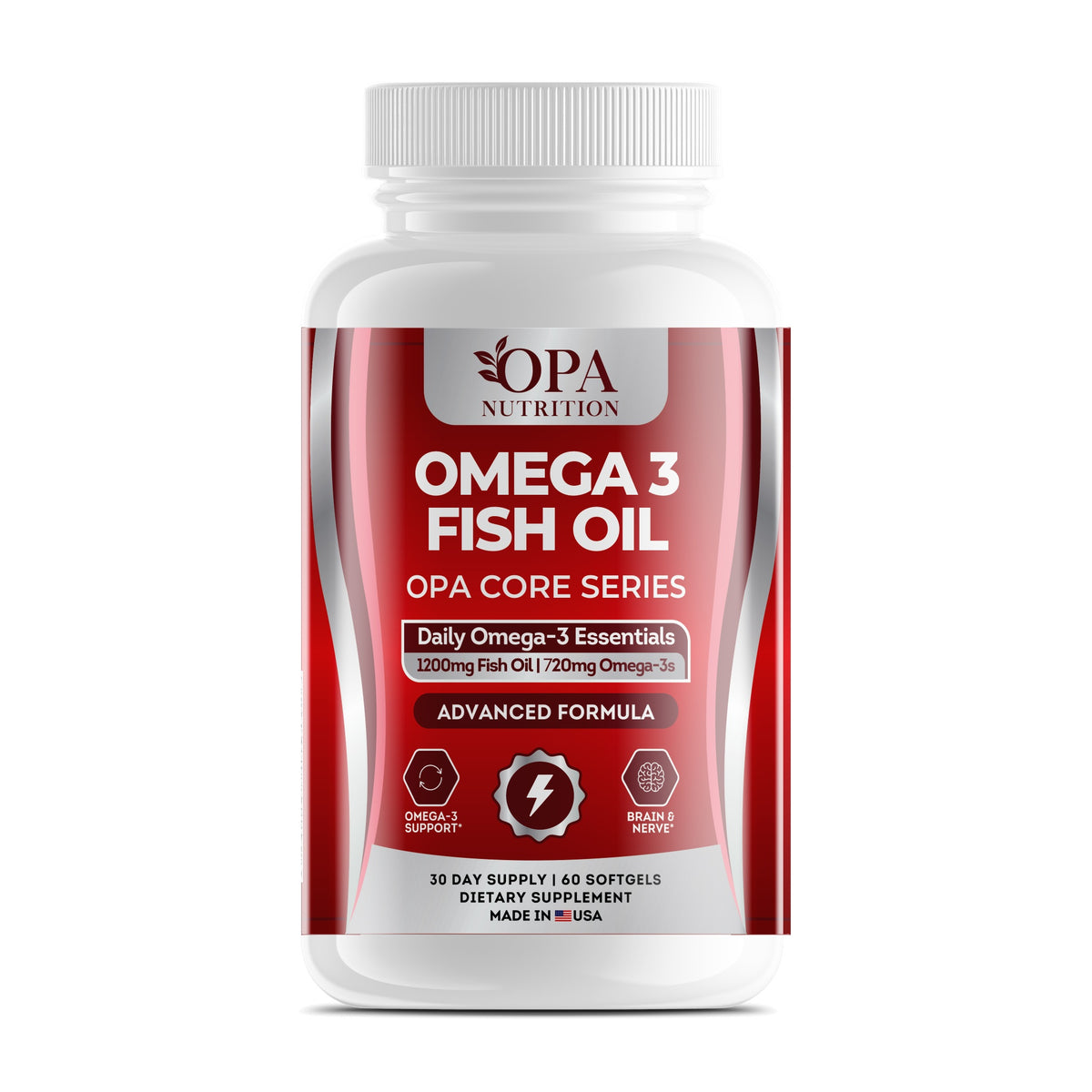 OPA Nutrition Omega 3 Fish Oil softgels bottle, front label with 1200 mg fish oil with EPA and DHA