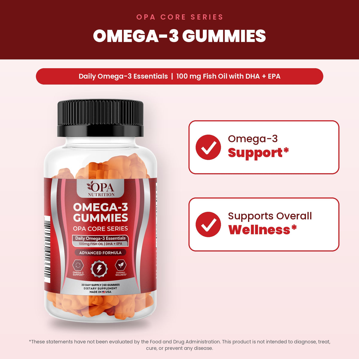 OPA Nutrition Omega-3 Gummies benefits graphic: omega-3 support and supports overall wellness