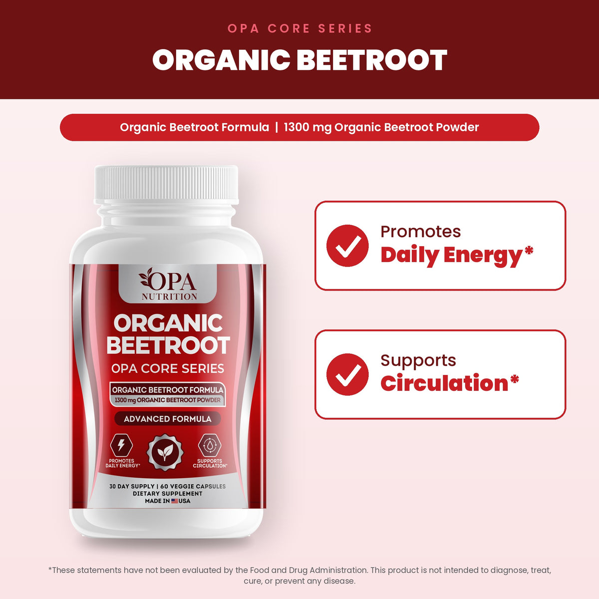 OPA Nutrition Organic Beetroot benefits graphic: promotes daily energy and supports circulation