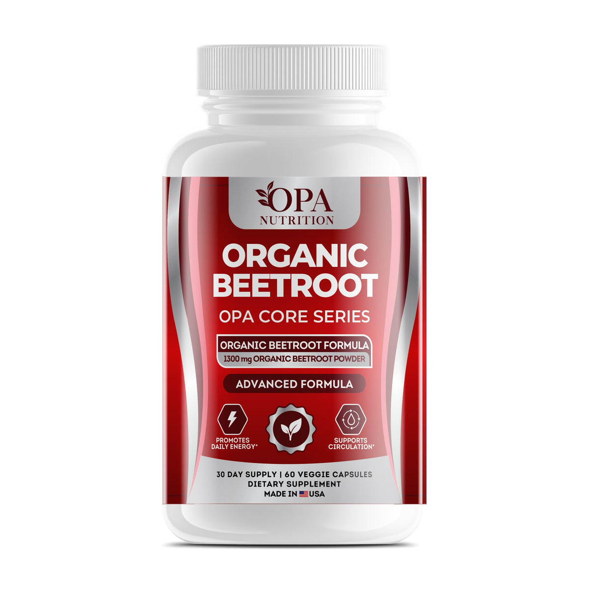 OPA Nutrition Organic Beetroot veggie capsules bottle, front label with 1300 mg organic beetroot powder