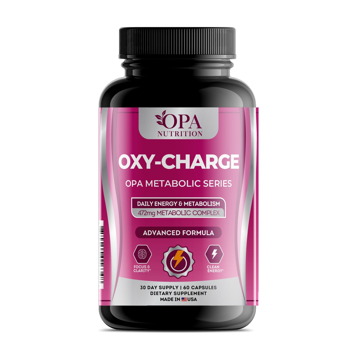 OPA Nutrition Oxy-Charge capsules bottle, front label with caffeine, glucomannan and green tea extract