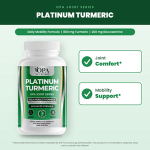 OPA Nutrition Platinum Turmeric benefits graphic: joint comfort and mobility support