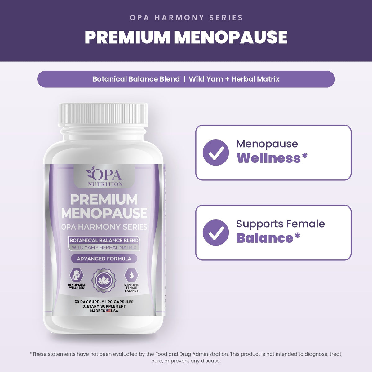 OPA Nutrition Premium Menopause benefits graphic: menopause wellness and supports female balance
