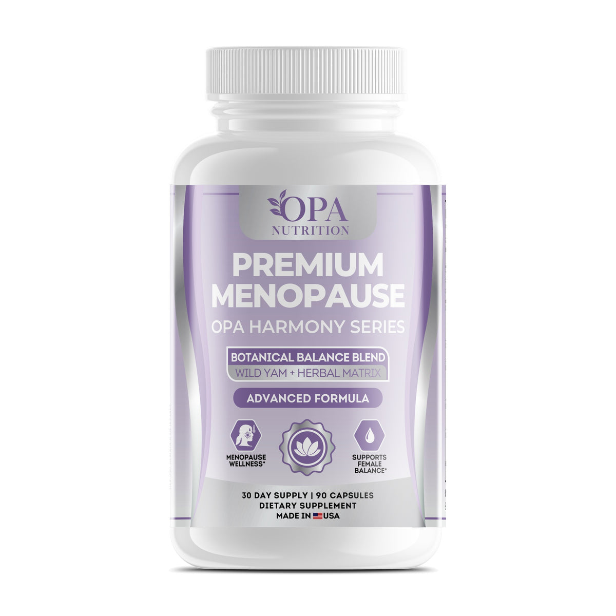 OPA Nutrition Premium Menopause capsules bottle, front label with wild yam botanical blend