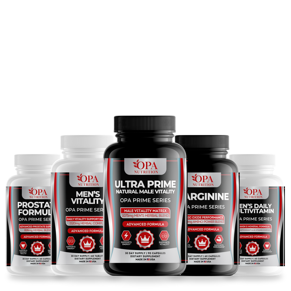 OPA Prime Series men's supplements: Prostate Formula, Men's Vitality, Ultra Prime, L-Arginine and Men's Daily Multivitamin