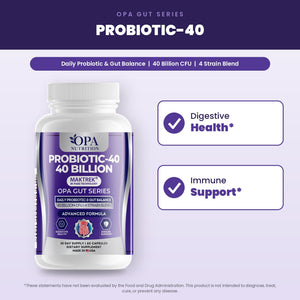 OPA Nutrition Probiotic-40 benefits graphic: digestive health and immune support
