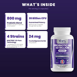 OPA Nutrition Probiotic-40 key ingredients: 40 billion CFU 4-strain probiotic