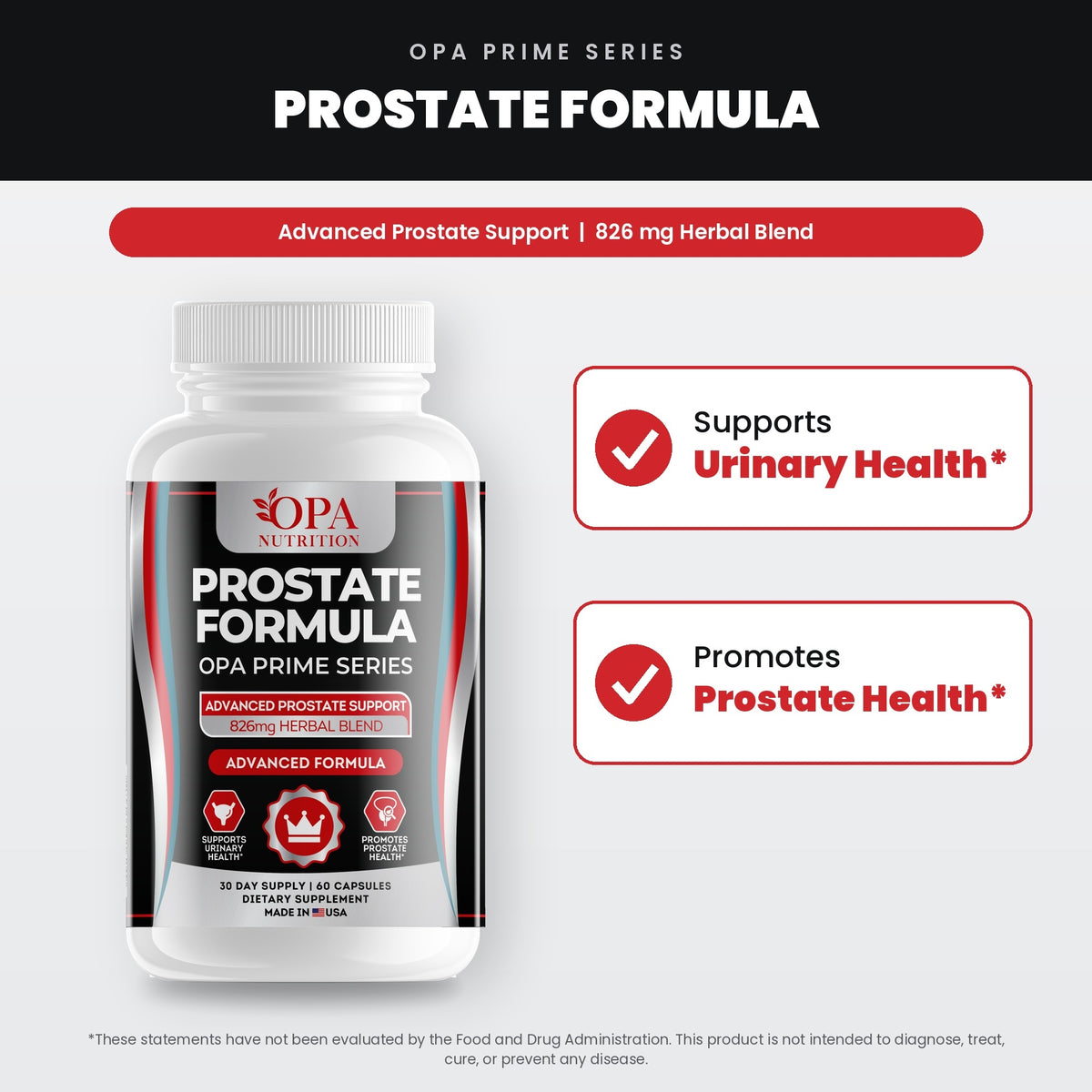 OPA Nutrition Prostate Formula benefits graphic: supports urinary health and promotes prostate health