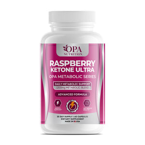 OPA Nutrition Raspberry Ketone Ultra capsules bottle, front label with raspberry ketones and African mango