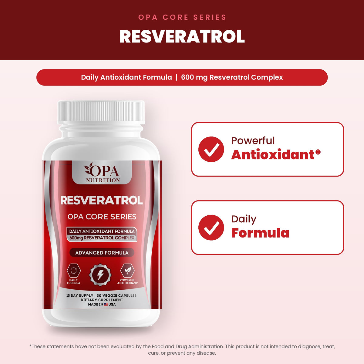 OPA Nutrition Resveratrol benefits graphic: powerful antioxidant and daily formula