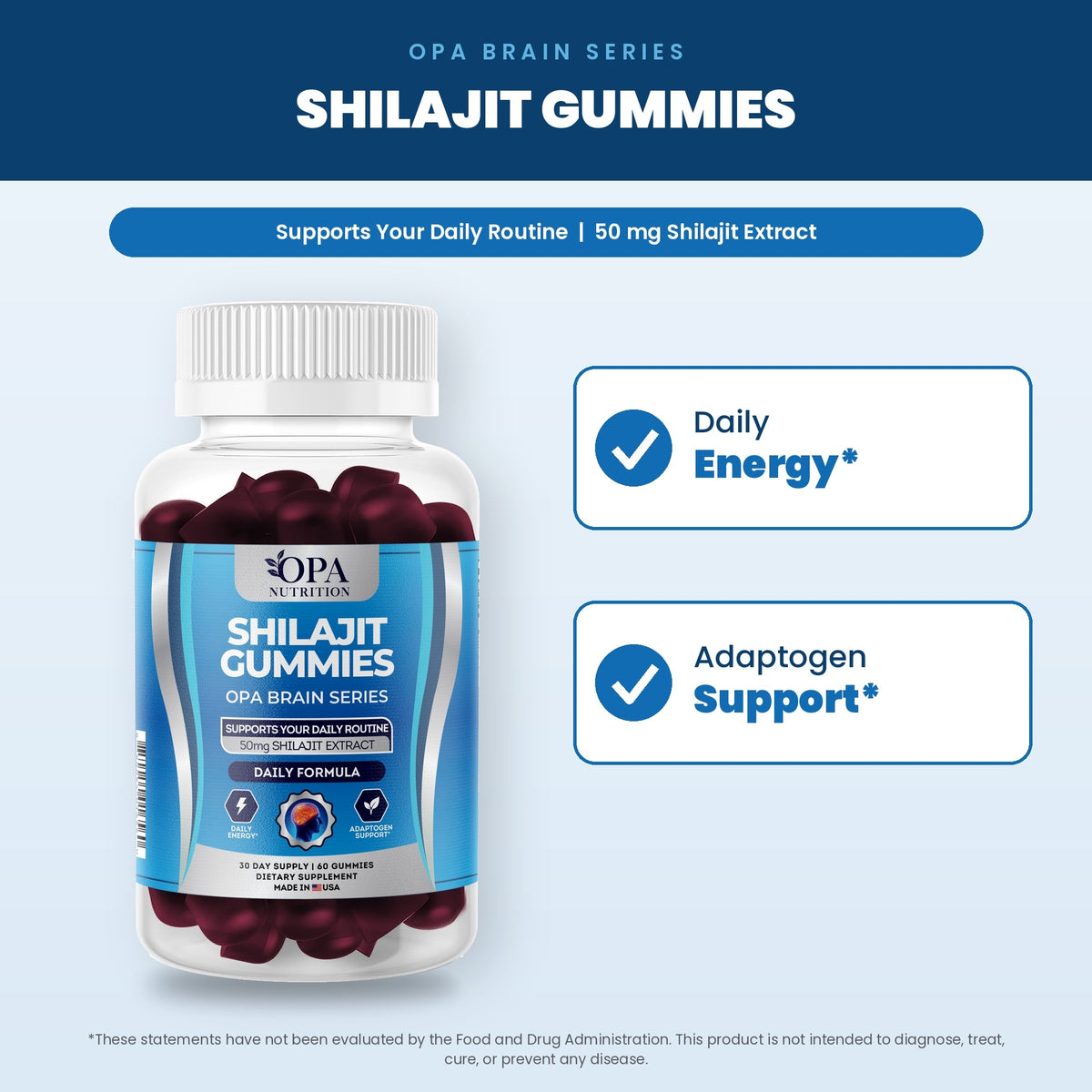 OPA Nutrition Shilajit Gummies benefits graphic: daily energy and adaptogen support