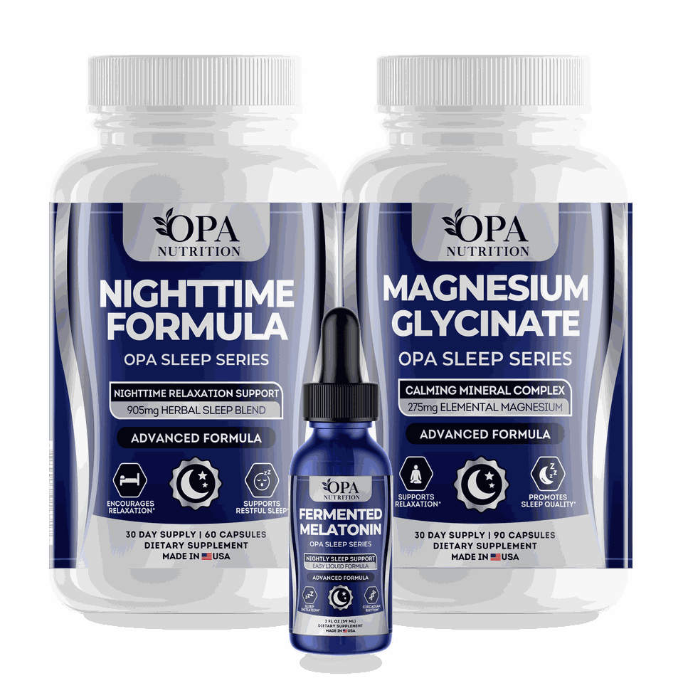 OPA Sleep Series supplements: Nighttime Formula, Magnesium Glycinate and Fermented Melatonin drops