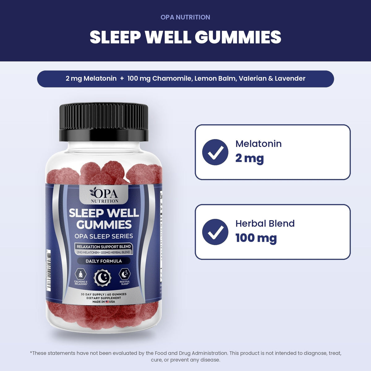 OPA Nutrition Sleep Well Gummies benefits graphic: calming & relaxing and restful sleep