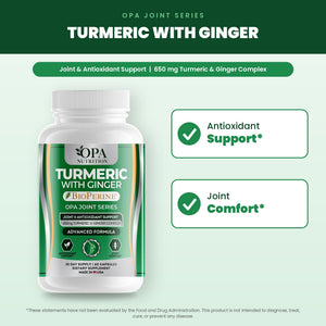 OPA Nutrition Turmeric with Ginger benefits graphic: antioxidant support and joint comfort